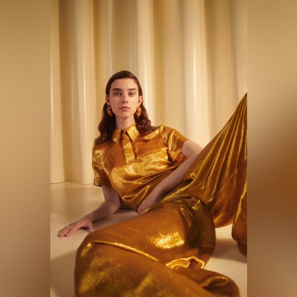 NWT Maison Rabih Kayrouz Gold Lame Wide Leg Pants